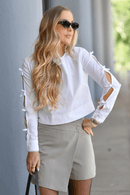 Blusa Manga Longa Gola Careca Detalhe Laço Tricoline Betina