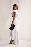 Conjunto Cropped Decote Assimétrico Saia Longa Babado Serena