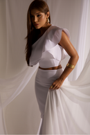 Conjunto Cropped Decote Assimétrico Saia Longa Babado Serena