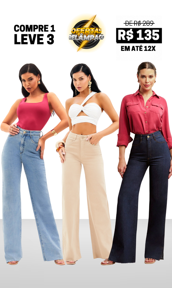 [PREÇO DE ATACADO] KIT CALÇA JEANS WIDE LEG ZAYA - COMPRE 1 LEVE 3