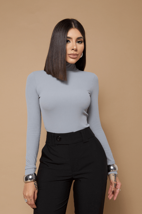 Blusa Gola Alta Manga Longa Básica Canelado Costela Twins Valéria Cinza Claro