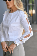 Blusa Manga Longa Gola Careca Detalhe Laço Tricoline Betina