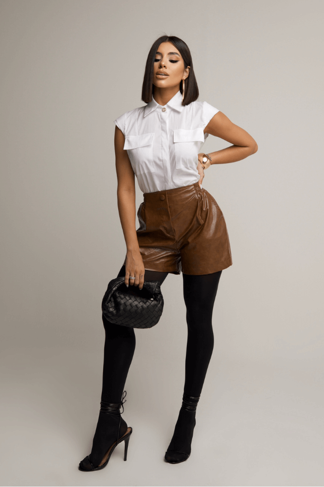 Short Cintura Alta Bolso Faca Couro Ecológico Tabatha Preto